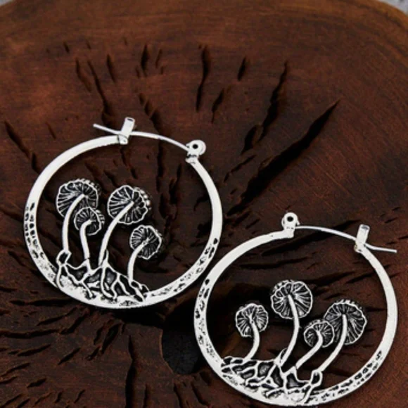 Antiqued Silver Mushroom Hoop Earrings - Picture 4 of 4